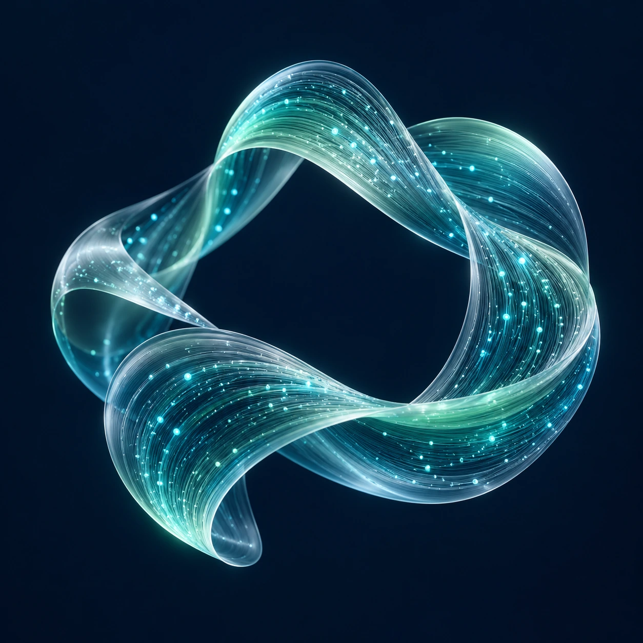 Abstract teal glass fibres forming an interconnected flowing sculpture